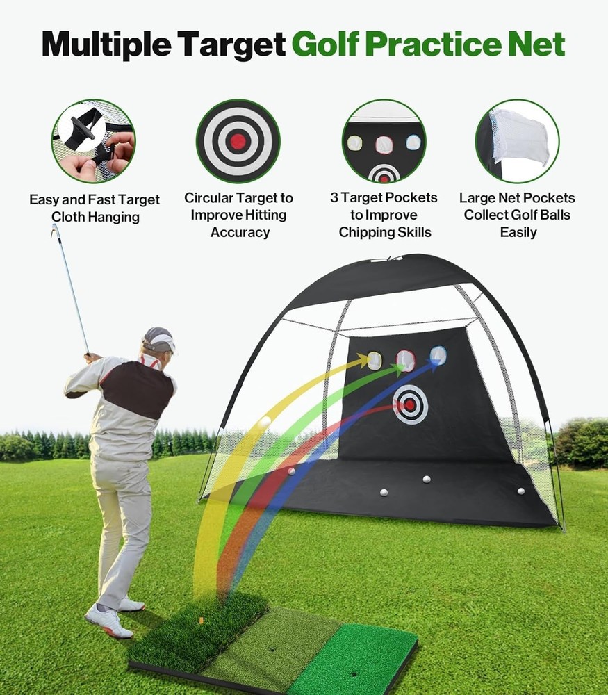 All-in-One 10x7ft Golf Training Net - Includes Mat & 5 Golf Balls for Practice
