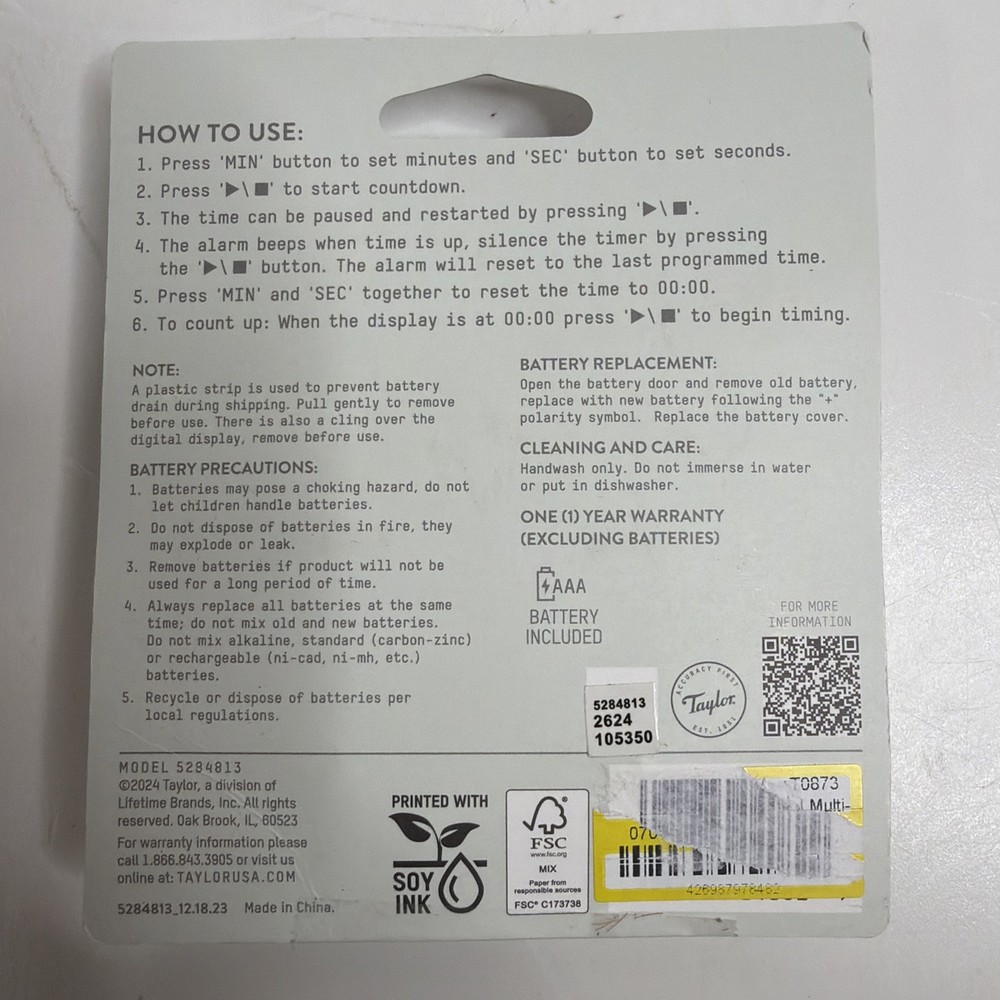 Taylor Multi-Purpose Large Display Digital Kitchen Timer With Magnetic Back Clip