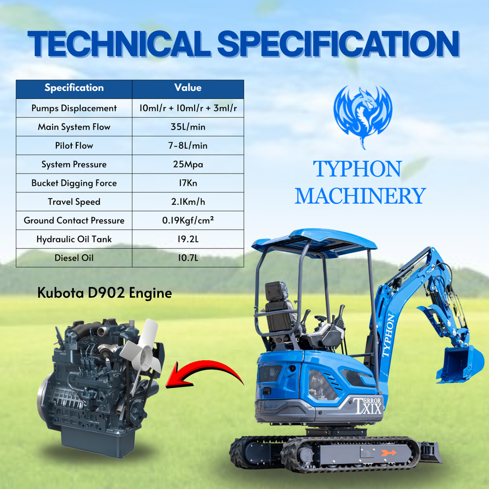TERROR XIX Mini Excavator Digger 4000lbs Kubota D902 Engine Retractable Tracks