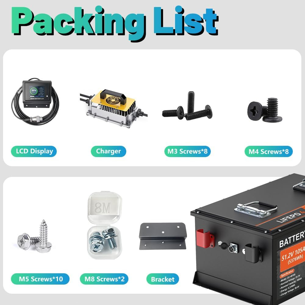 48V 105Ah Lithium Golf Cart Battery 200A BMS 6000+Cycles APP Charger Monitor Set