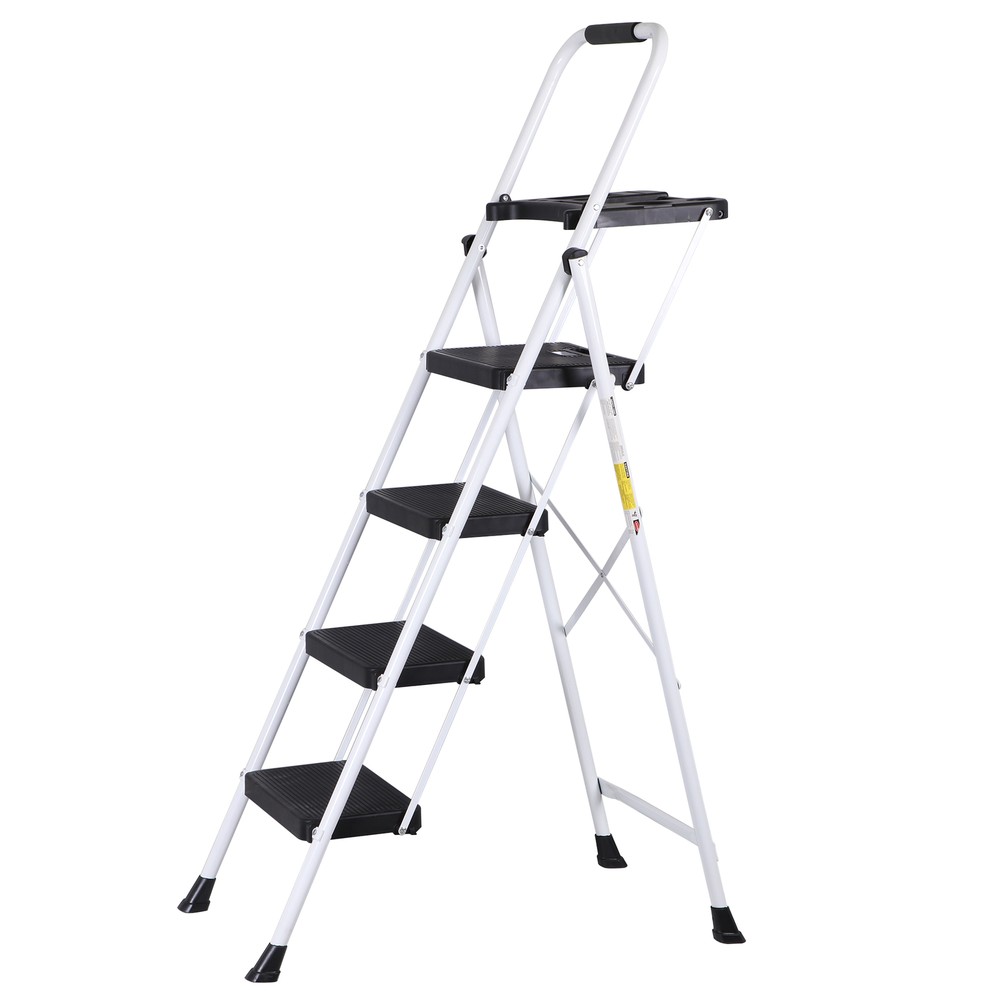 4 Step Ladder with Tool Platform Folding Step Stool with Anti-Slip Pedal White