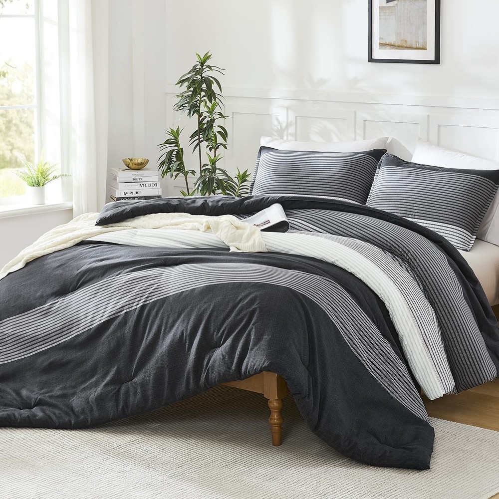 Full Size Comforter Sets Black White Grey - 3 Pieces Lightweight Bedding Set,...