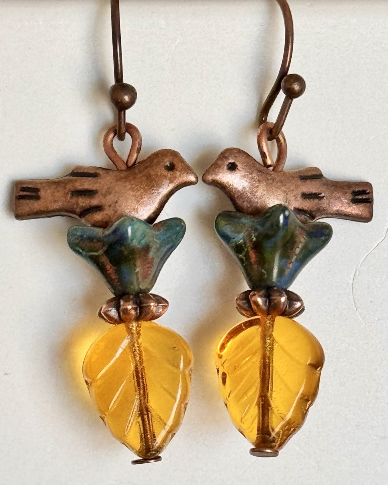 Copper Bird Dangle Earrings. Deep Blue Green Flower with Golden Leaf. Love Doves