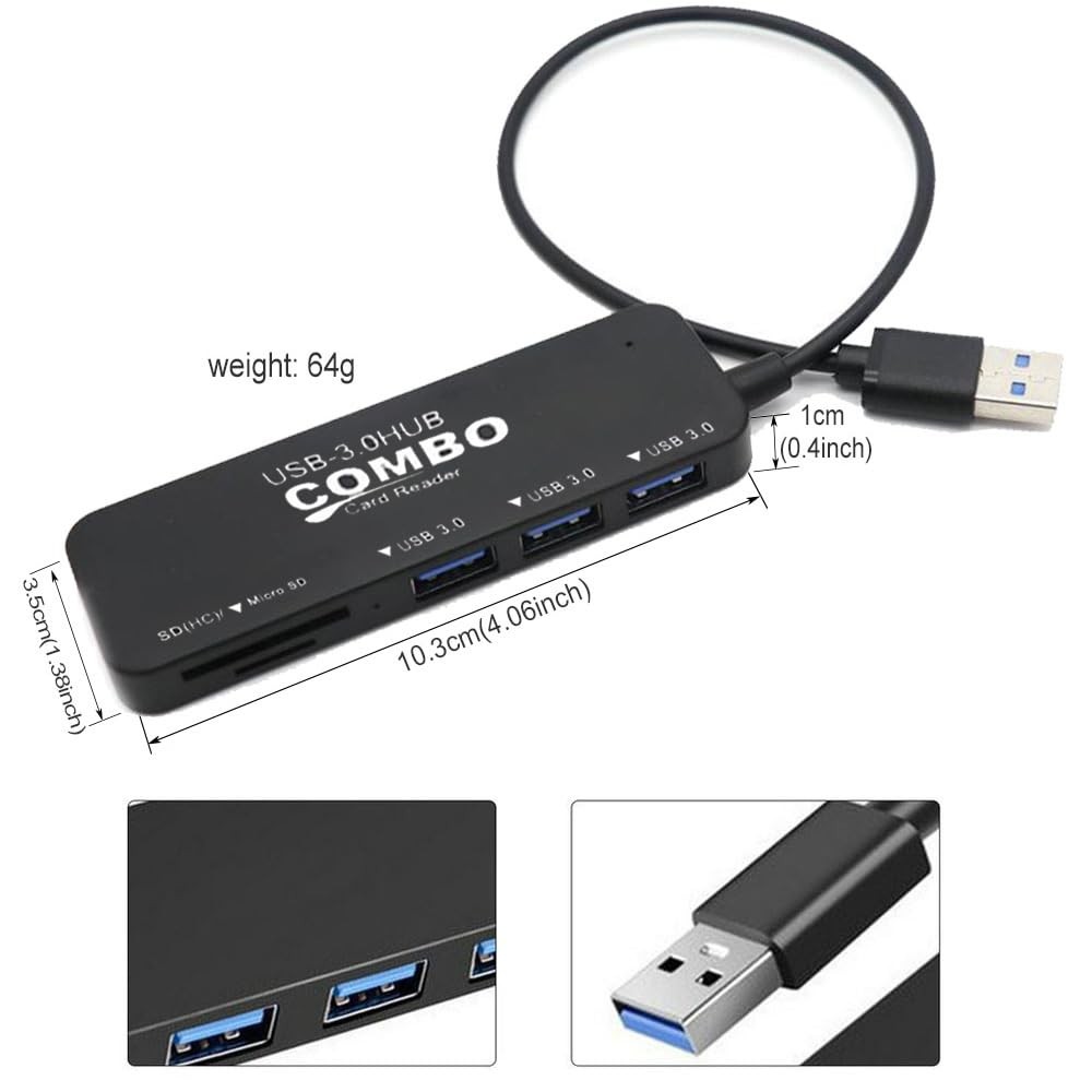5 Port USB 3.0 Hub Multiport Splitter Adapter SD Micro SD Card Reader 6" Cable