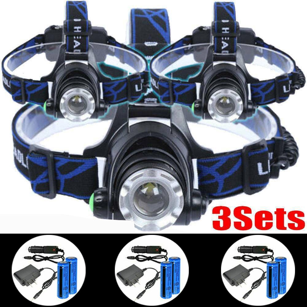 3Pack Rechargeable Headlight Zoomable Head Torch Lamp Flashlight LED Headlamp