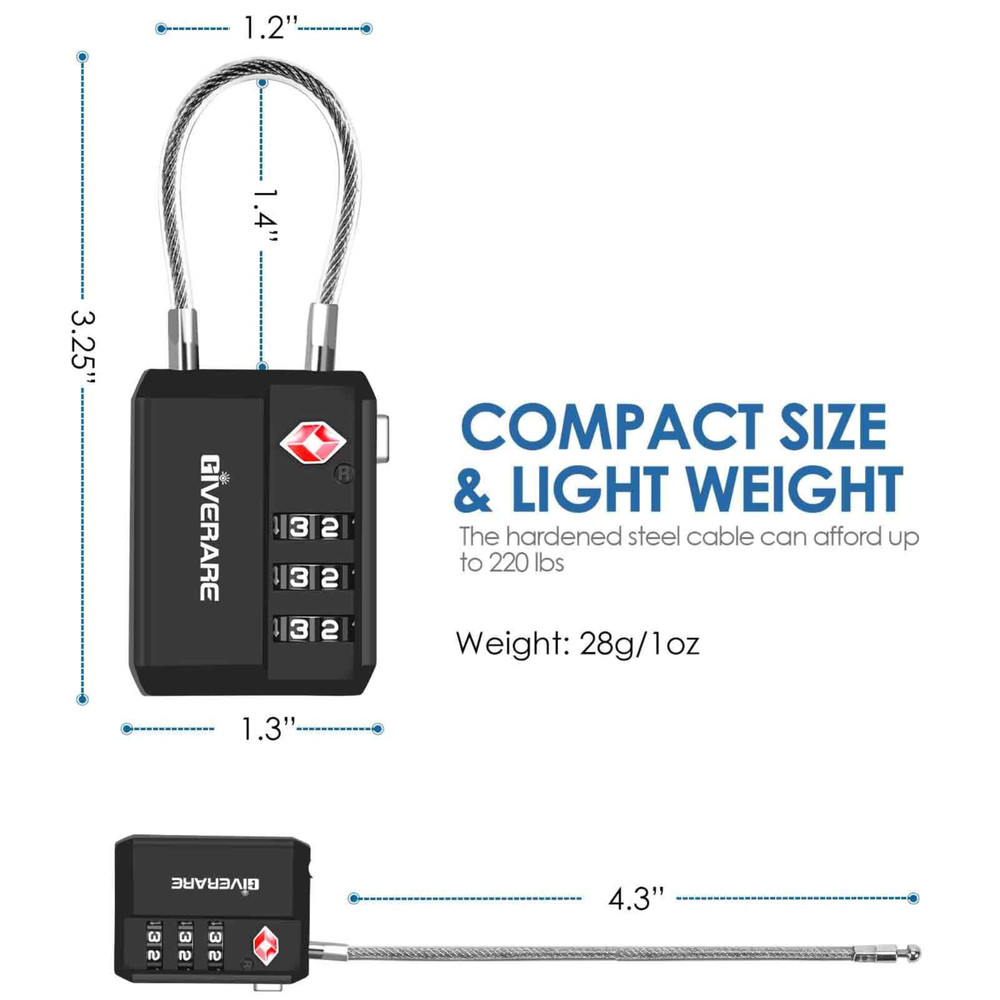 TSA Approved Weatherproof Cable Luggage Locks - Black