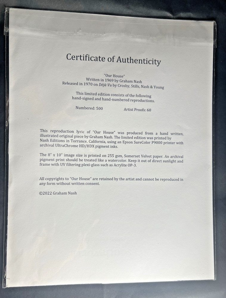 Graham Nash - Our House Signed Handwritten Lyrics w/COA from Graham Nash! CSNY
