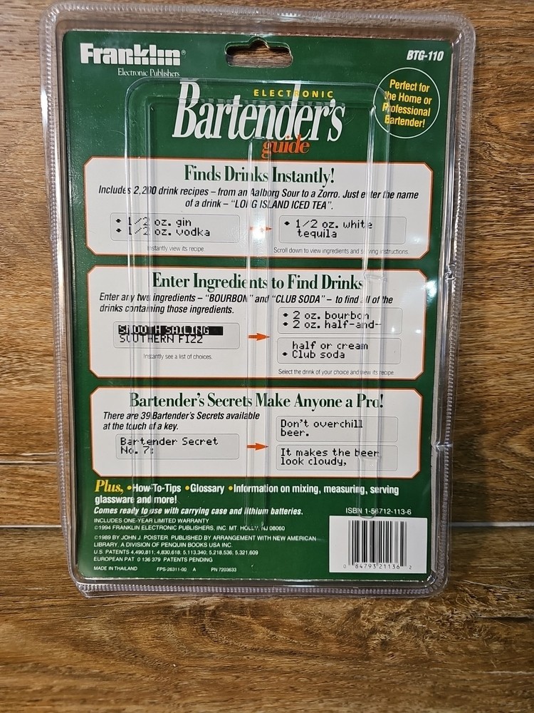 Franklin Electronic Handheld Bartender's Guide Model BTG-110 New