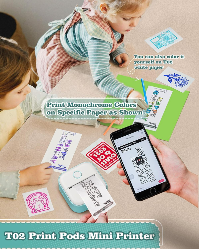 Sticker Printer - T02 Mini Portable Thermal Printer Inkless Sticker Maker Mac...