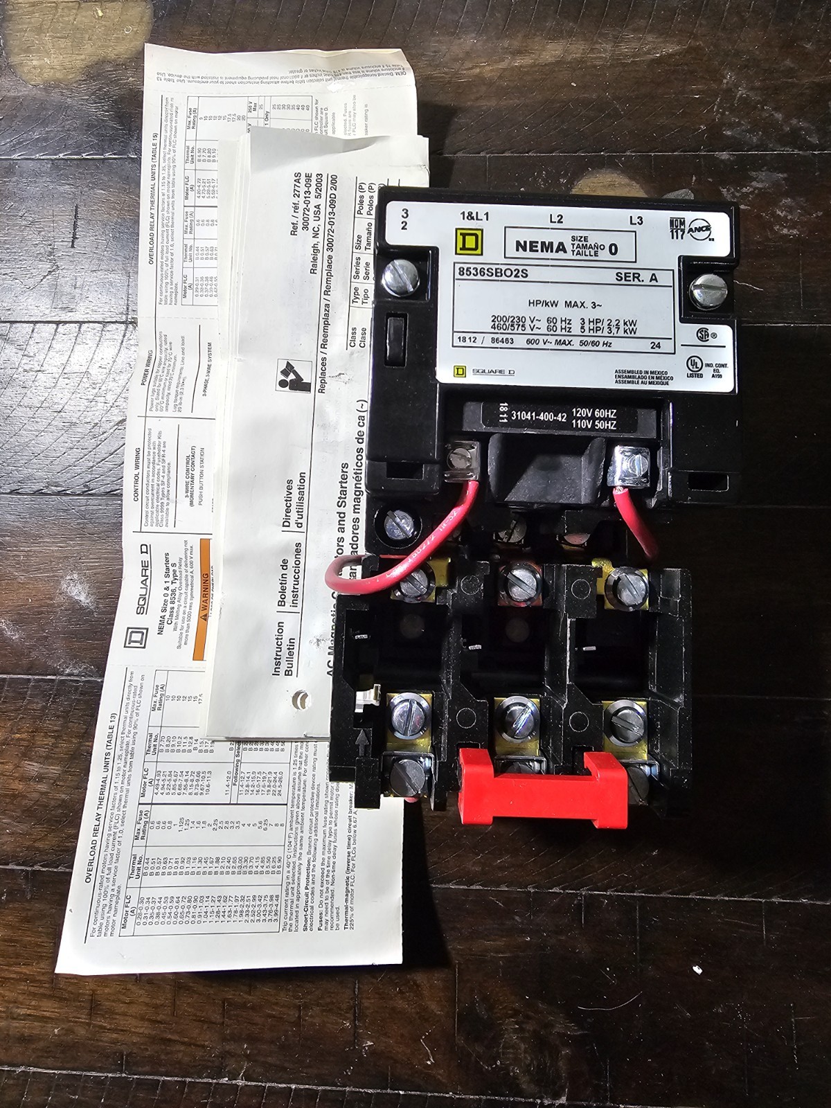 SQUARE D AC Starter: 8536SBO2V02S, 1H491, 3 Poles, NEMA Size 0, 18 A, 120V