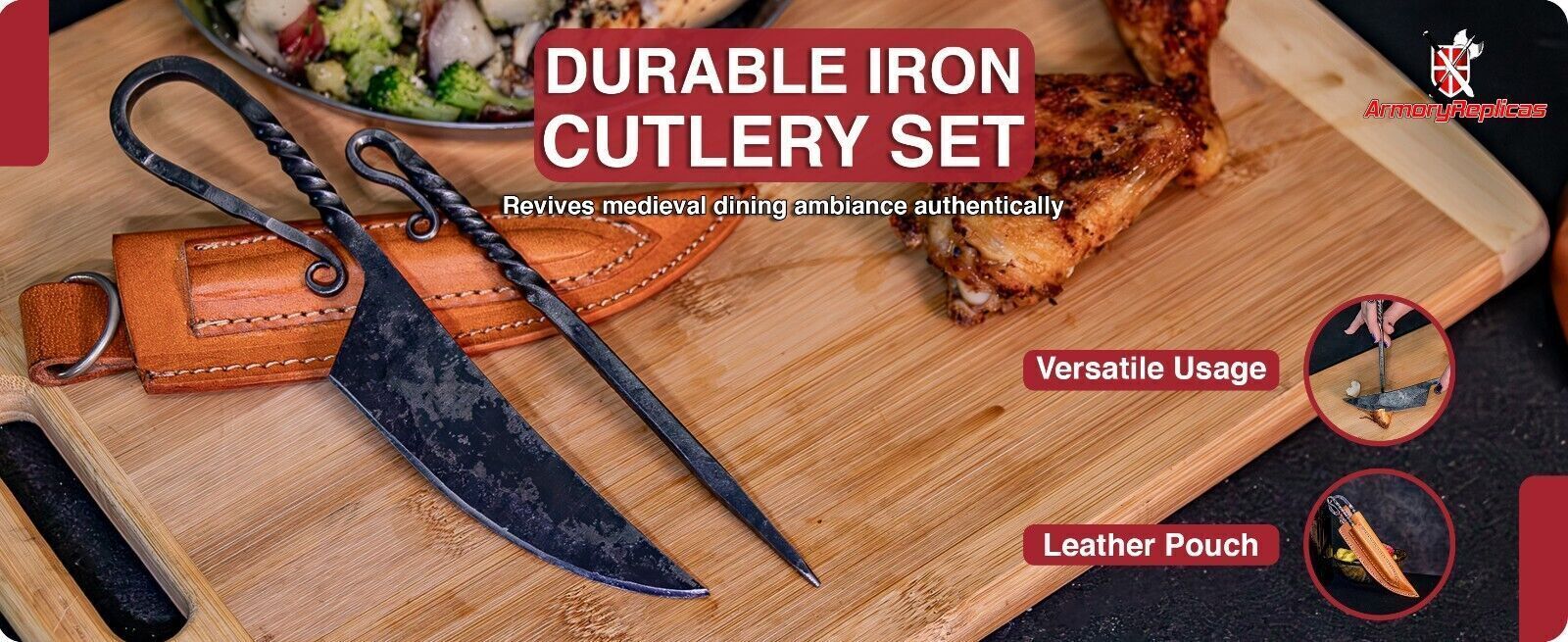 Forged Iron Functional Outdoor Camping Grilling Skewer & Knife Set w/ Sheath