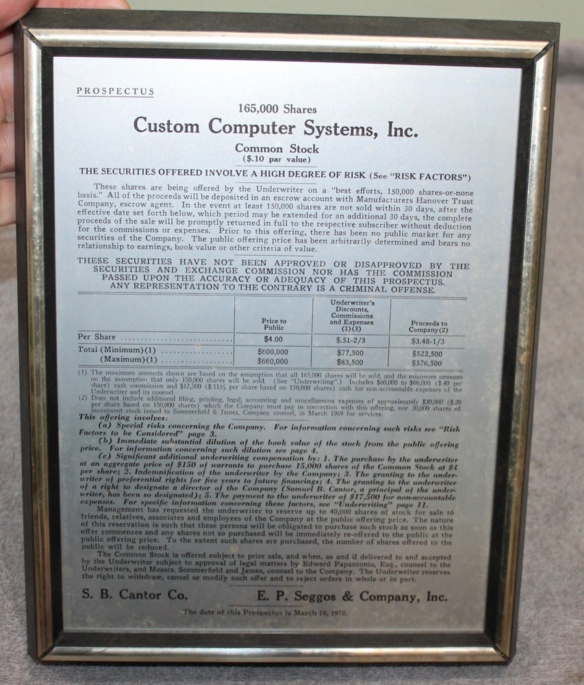 1970 EARLY COMPUTER HISTORY CUSTOM COMPUTER SYSTEMS, INC PROSPECTUS PLAQUE