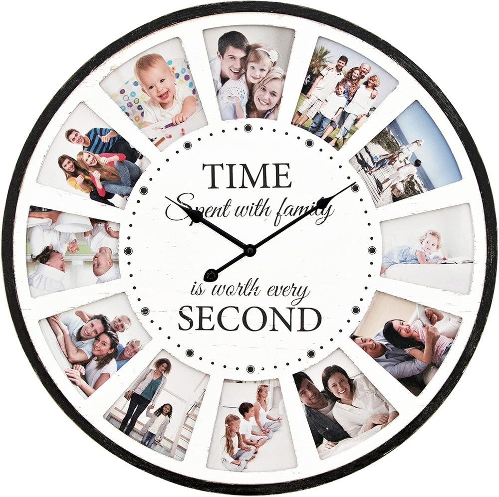 Large Wall Clock with Picture Frames Collage, Vintage Rustic Clock a - White