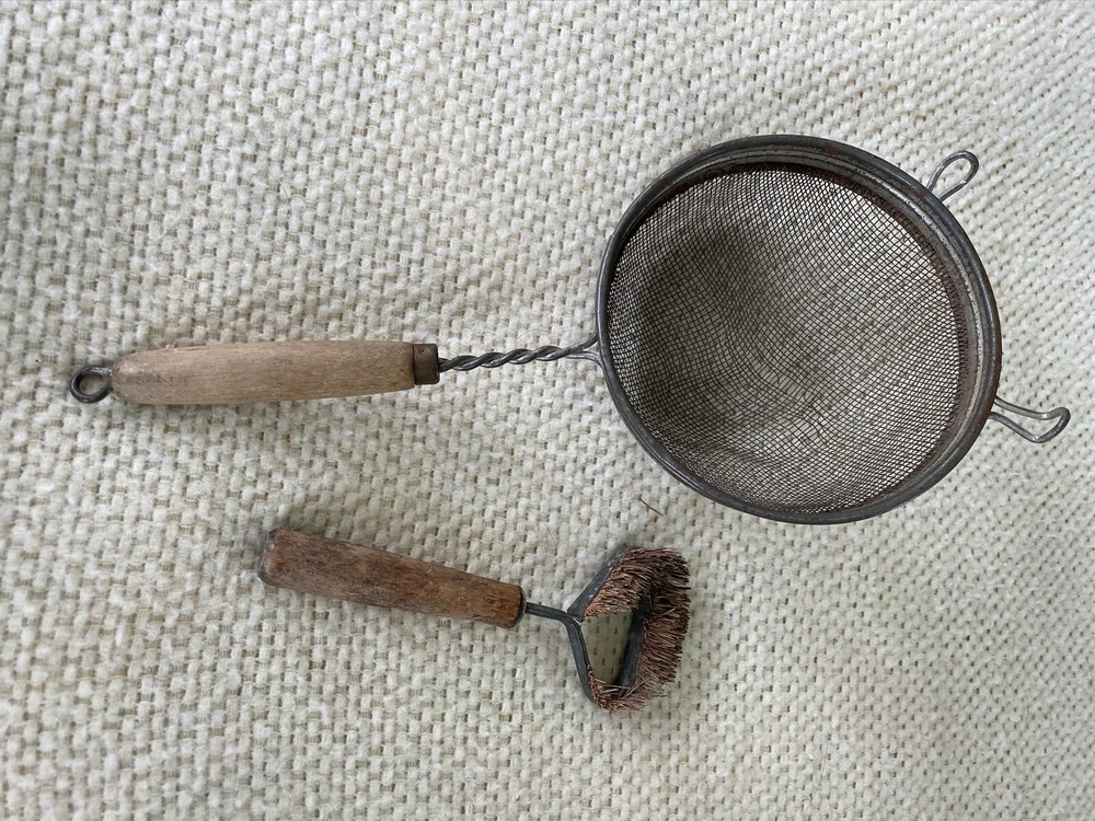Vintage Wood Handle Strainer and Brush