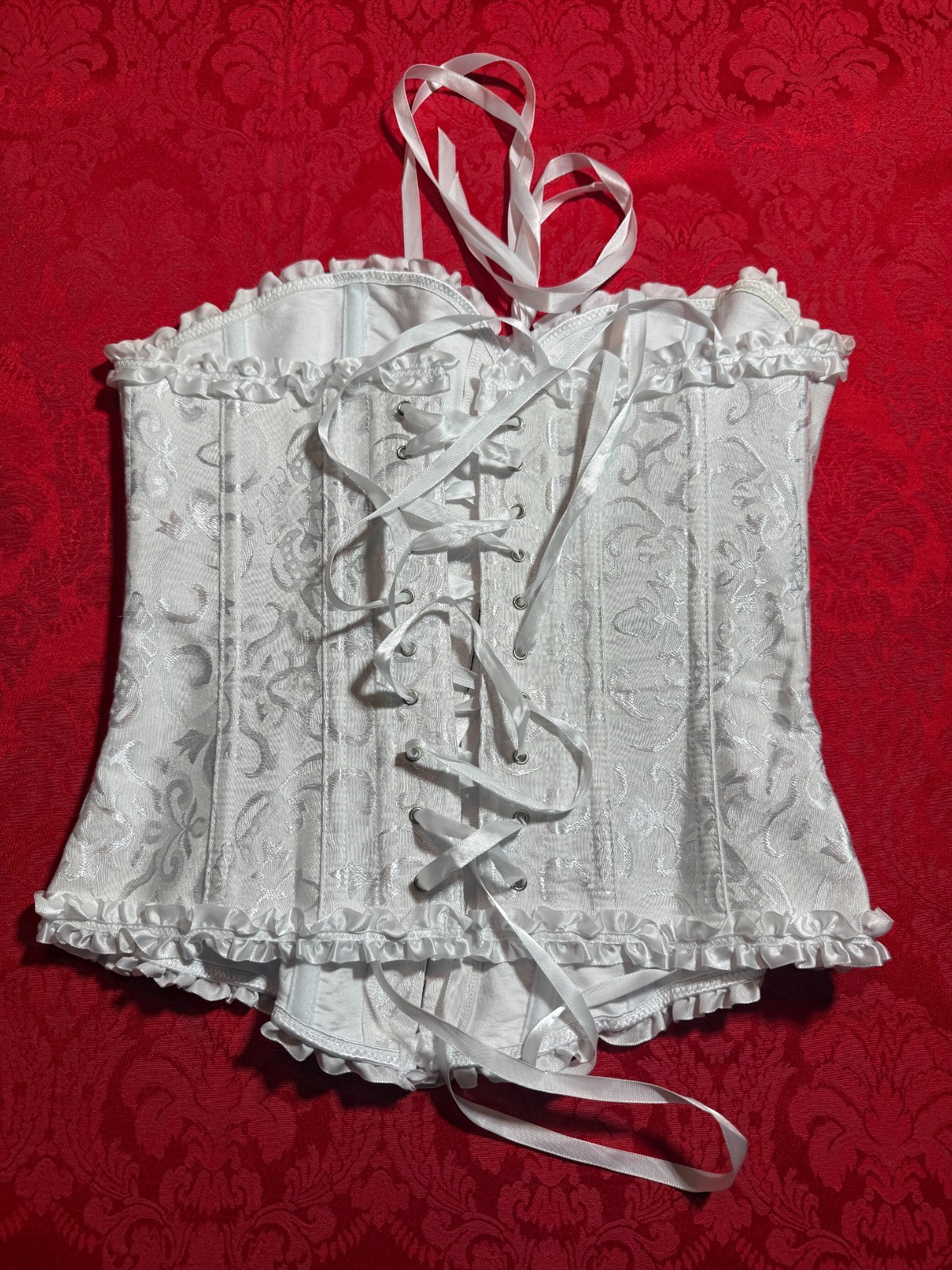 Sexy Satin White Lace Up Bustier Overbust Boned Corset Lingerie Women's Size M