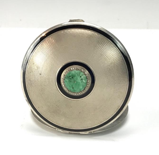 English Silver Compact With Inlaid Jade.