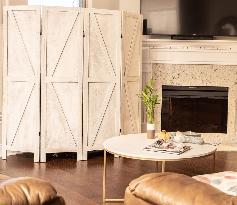 Premium Home 4-Panel Room Divider – Rustic White Barn Door, K Pattern Folding...