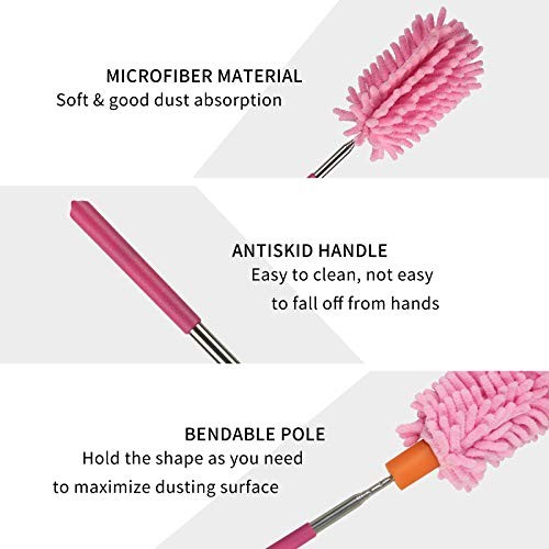 Microfiber Duster for Cleaning, Dusters with Telescoping Pink Purple Rose Red
