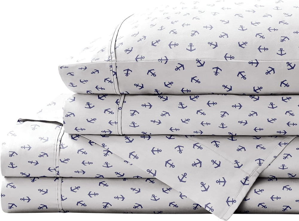 Printed 100% Cotton Percale Sheet Set, Anchors Navy, King