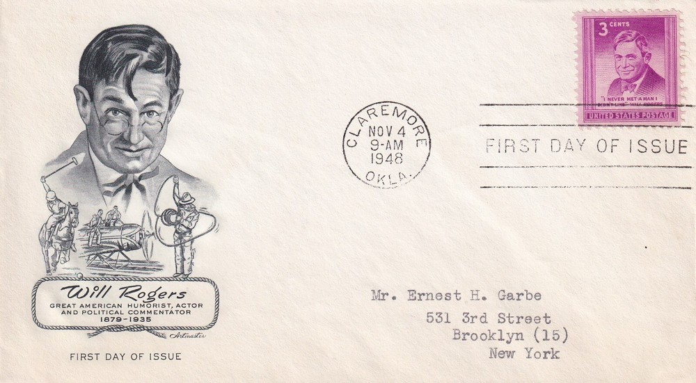 STAMP US SCOTT 975 "Will Rogers" 3 CENT 1948 FDC - B
