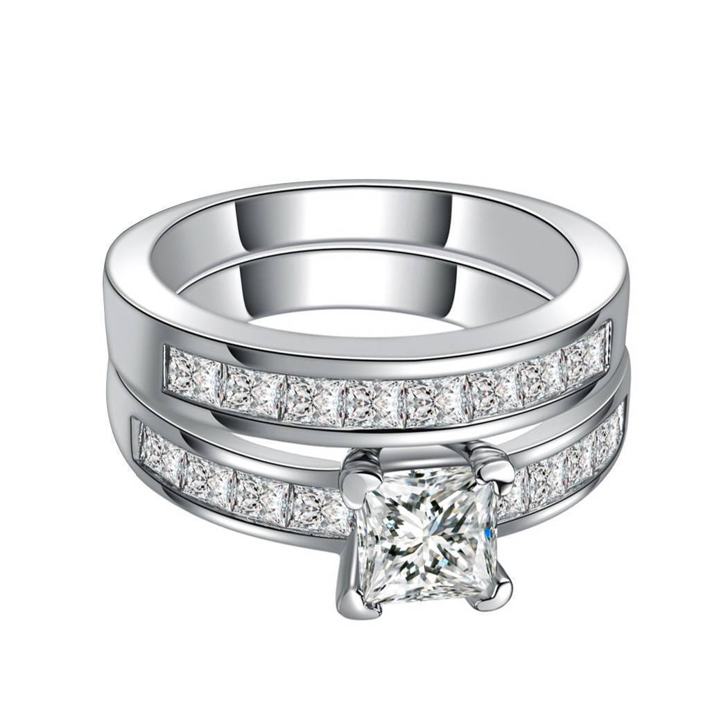 Princess Round Cut AAA CZ Stainless Steel Wedding Band Ring Set Women Size 6-10