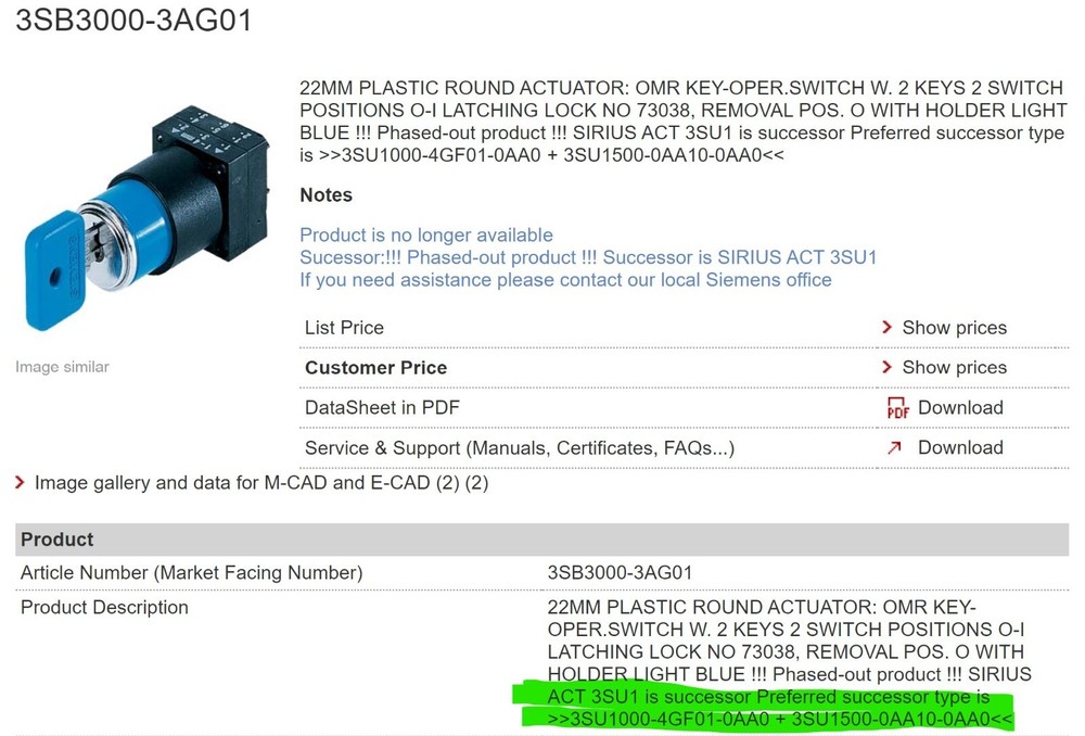 Siemens 22MM Key Switch Blue Plastic Round Actuator Key-Operator NEW [B8BC]