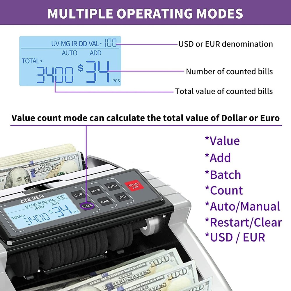 Professional Bill Counter Machine Detection Value Add Batch LCD Display 110V