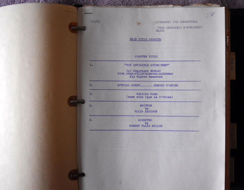 1961-2 " Target: The Corruptors " Original Screenplay Scripts.