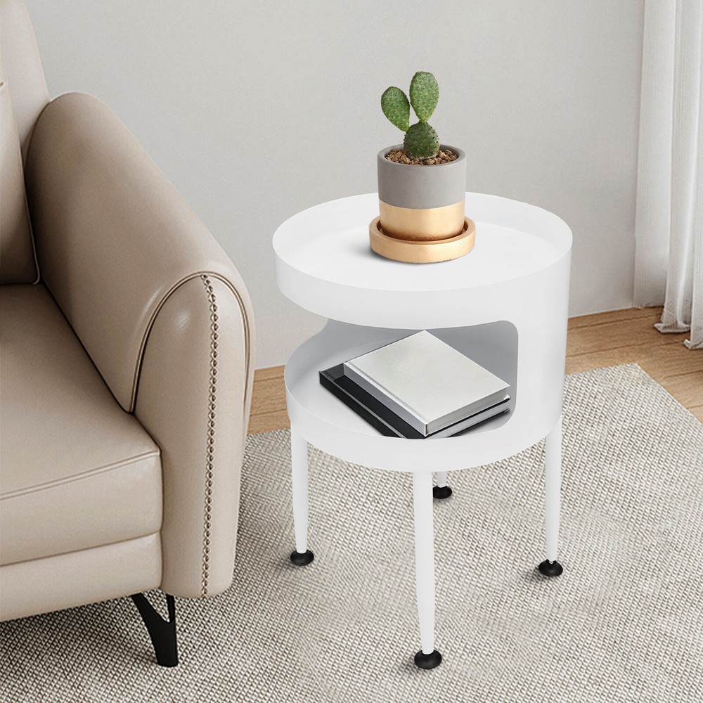 Round Table with Open Storage, Iron Bedside Table Modern Side Table 40x40x55cm