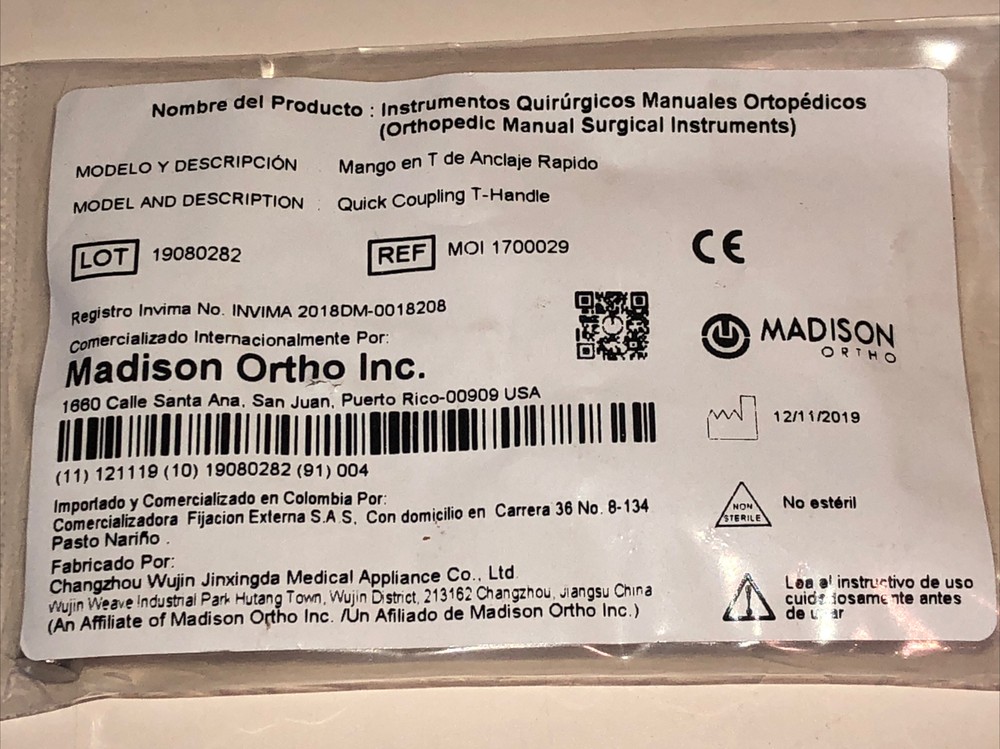 QUICK COUPLING T HANDLE ORTHOPEDIC SURGERY INSTRUMENTS STAINLESS STEEL CE #0127