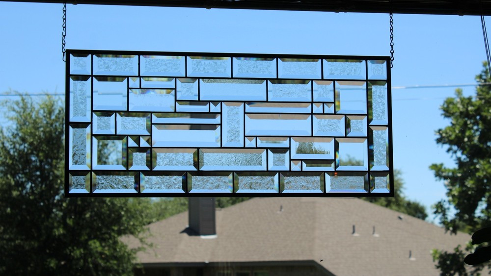 Contemporary clear stained glass panel, rectangular window hanging,28 1/2x12 1/2