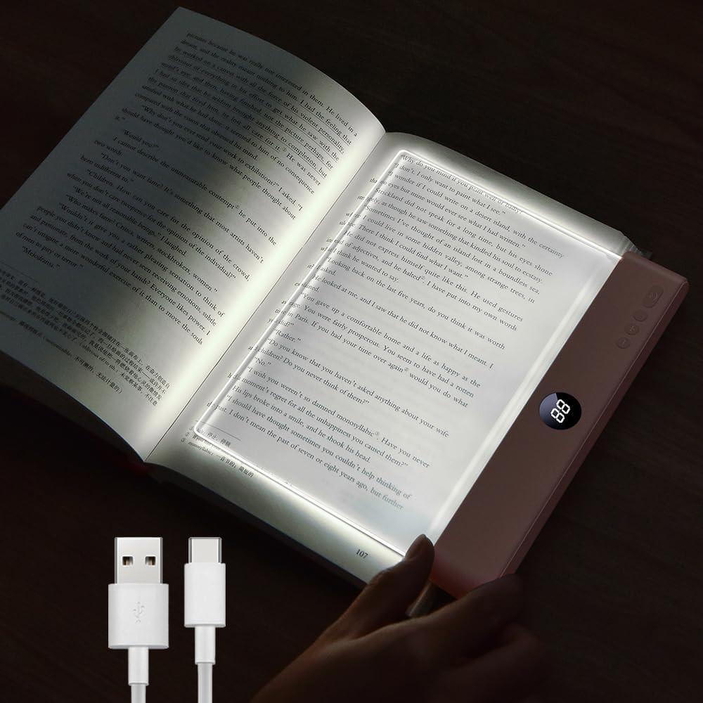 Rechargeable LED Book Light with 3 Colors & Timer - Dimmable Flat Panel (Pink)