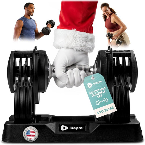 Lifepro Adjustable Dumbbells – 25lb Pair One Size, Dial Adjustment