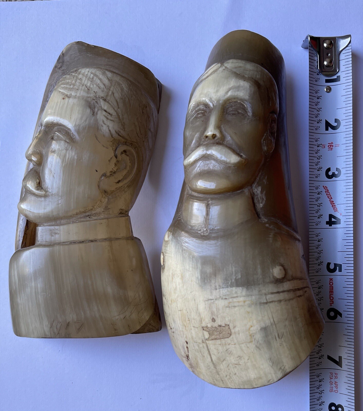 Antique WWI Carved Horn Head Military Soldiers Officers German Folk Trench Art