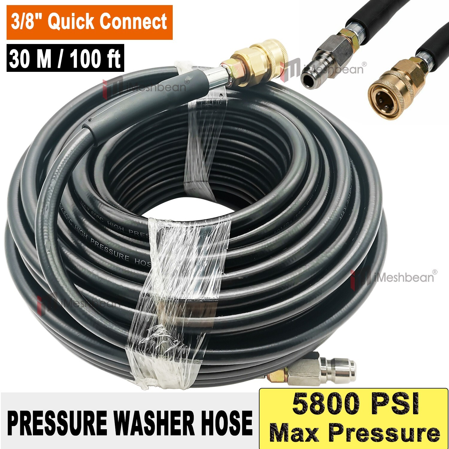 100FT 5800PSI Replacement High Pressure Power Washer Hose -3/8" Quick Connect