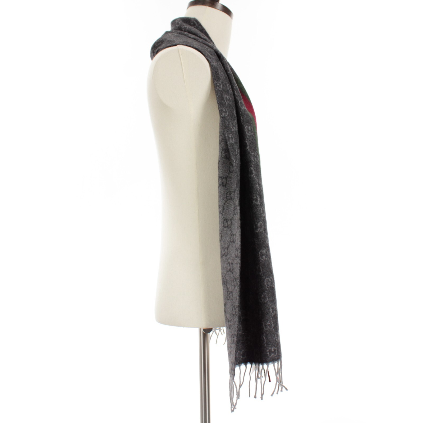 Gucci NWT 100% Cashmere Monogram & Stripe Scarf One Size in Gray / Red / Green