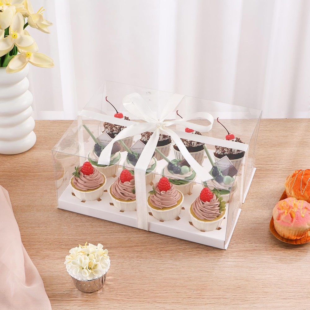 6Pcs Clear Cupcake Boxes12 Count Cupcake Containers with Gift RibbonPlastic C...