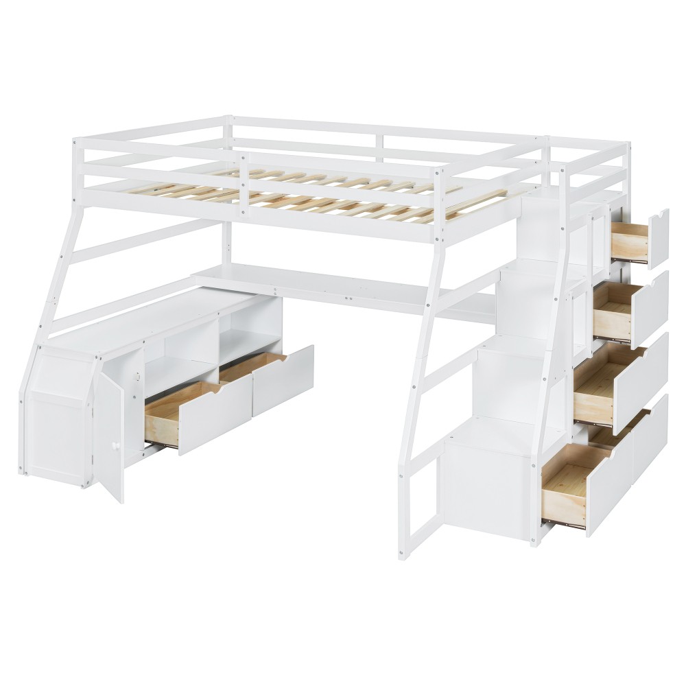 Full Loft Bed w/ Desk & Storage - White - Sturdy Pine Frame