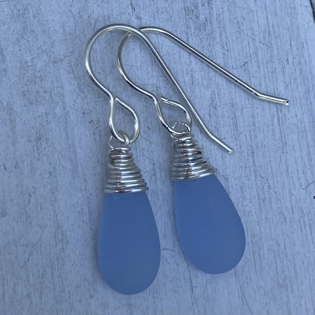 Min Favorit Pale Sky Blue Sea Glass Teardrop & Silver Pl Artisan Wrap Earrings