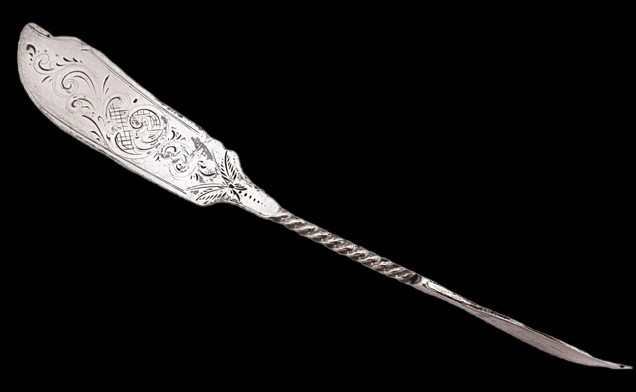 Antique Bunnell Coin Silver Master Butter Knife Twist Handle