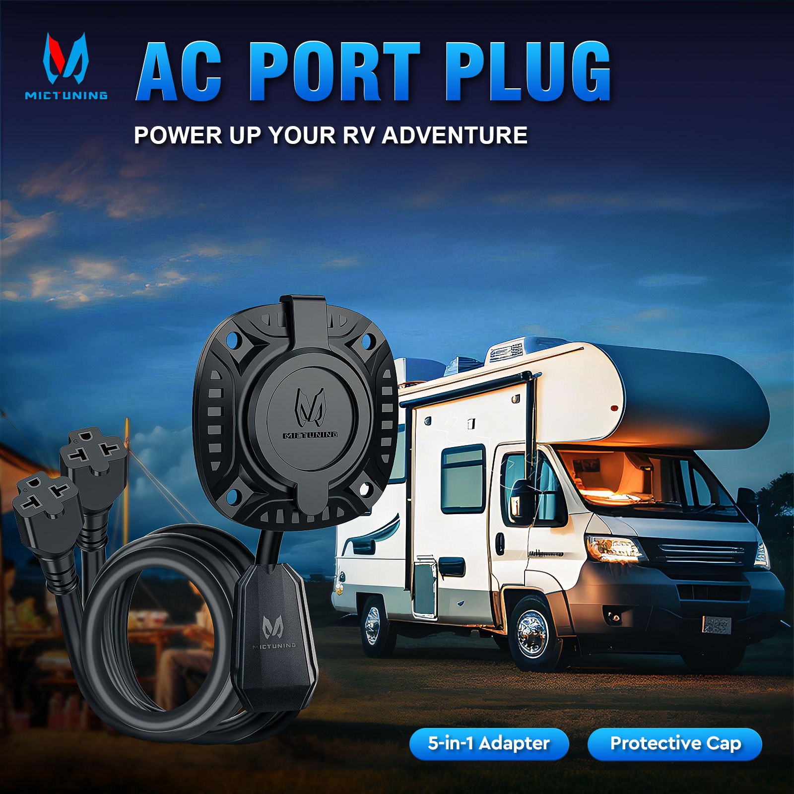 5-in-1 AC Port Plug 20A 125V, Dual 12 AWG Extension Cords for Trailer Truck Boat