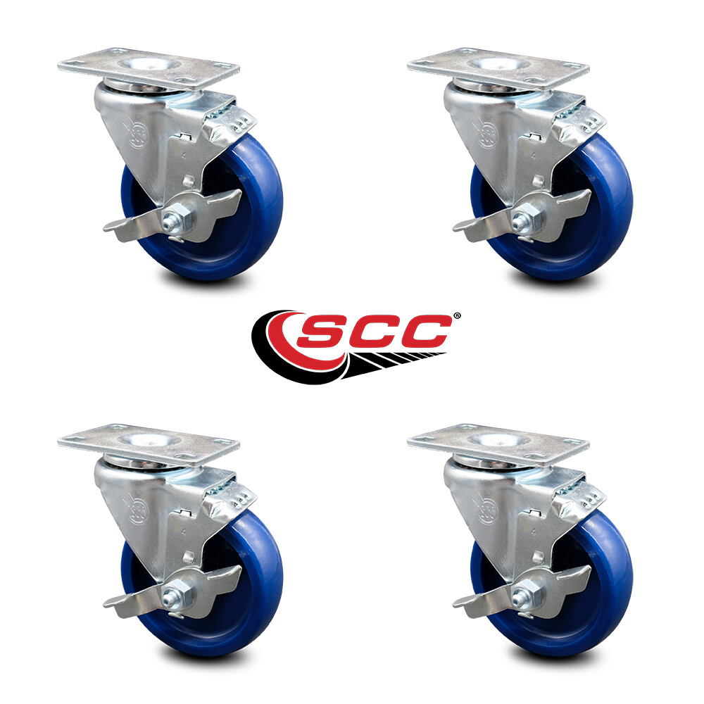 4 Inch Solid Polyurethane Wheel Swivel Top Plate Caster Set with Brake SCC