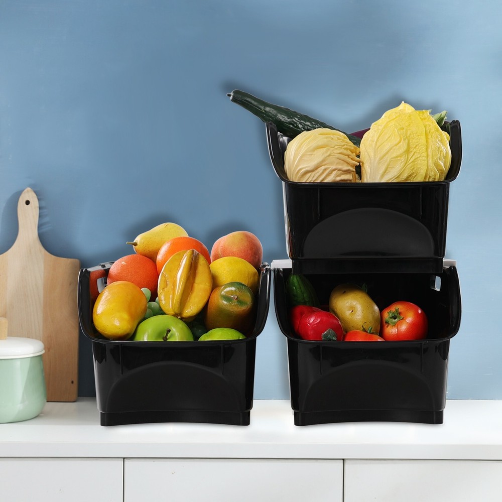 Cand 3-Pack Black Plastic Stacking Organizer Basket, Plastic Stackable Basket
