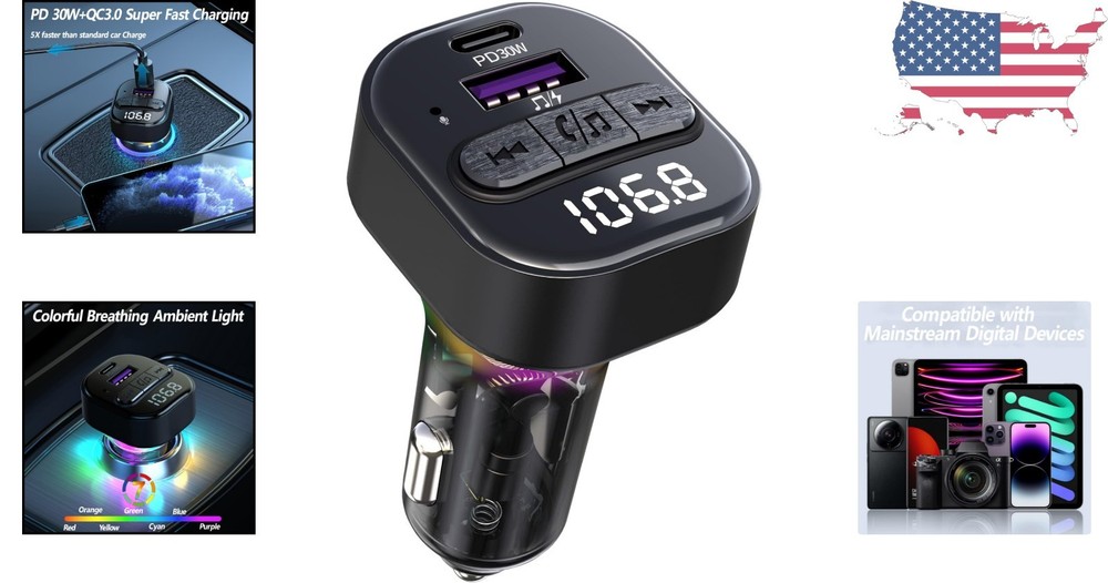 Advanced Bluetooth FM Transmitter with Fast Charging and LED Light - Car Adapter