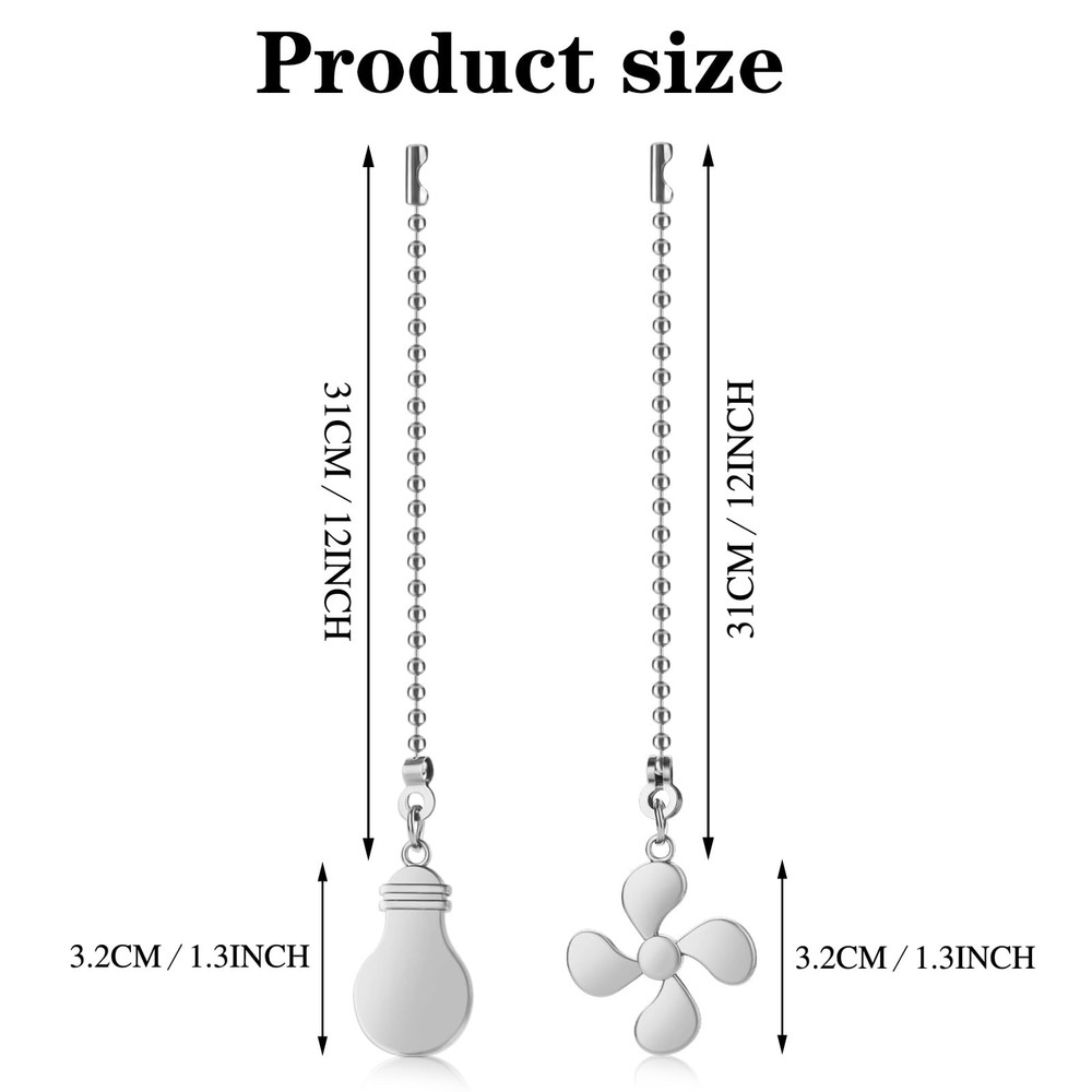 2 PCS Ceiling Fan Pull Chain Extension, Silver 12 Inches Pull Chains, Decorat...