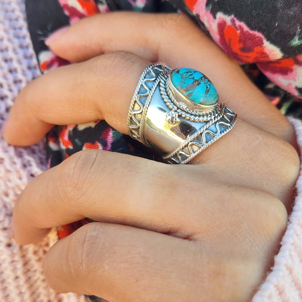 Genuine Turquoise Ring 925 Sterling Silver Boho Copper Turquoise Statement Ring