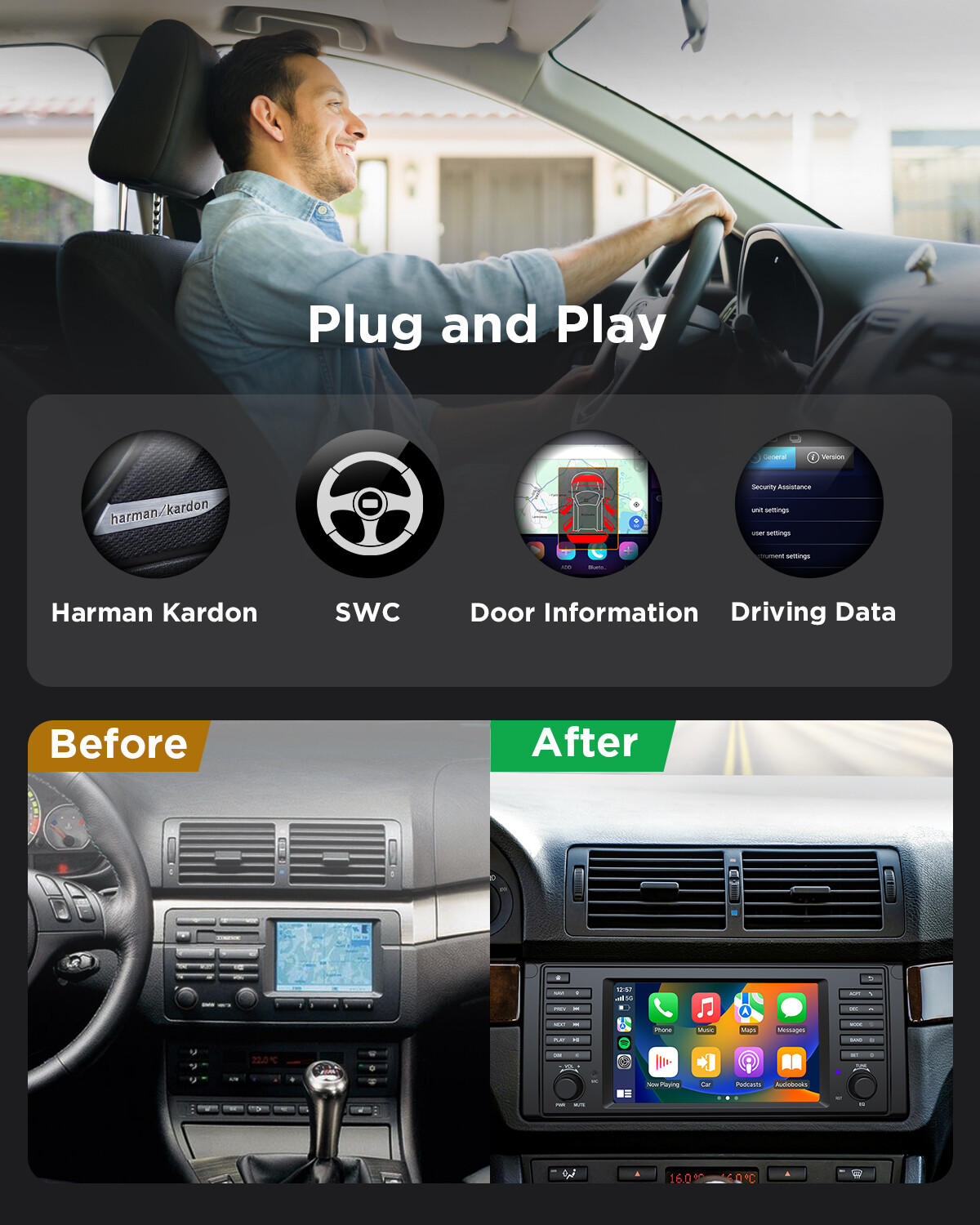 CAM+DVR+OBD+7" Android 13 Car Stereo GPS Navigation Radio CarPlay for BMW E39 M5