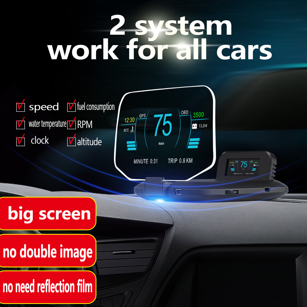 HUD Head Up Display Mirror Speedometer Overspeed Warning OIT OBD2 GPS Dual Mode