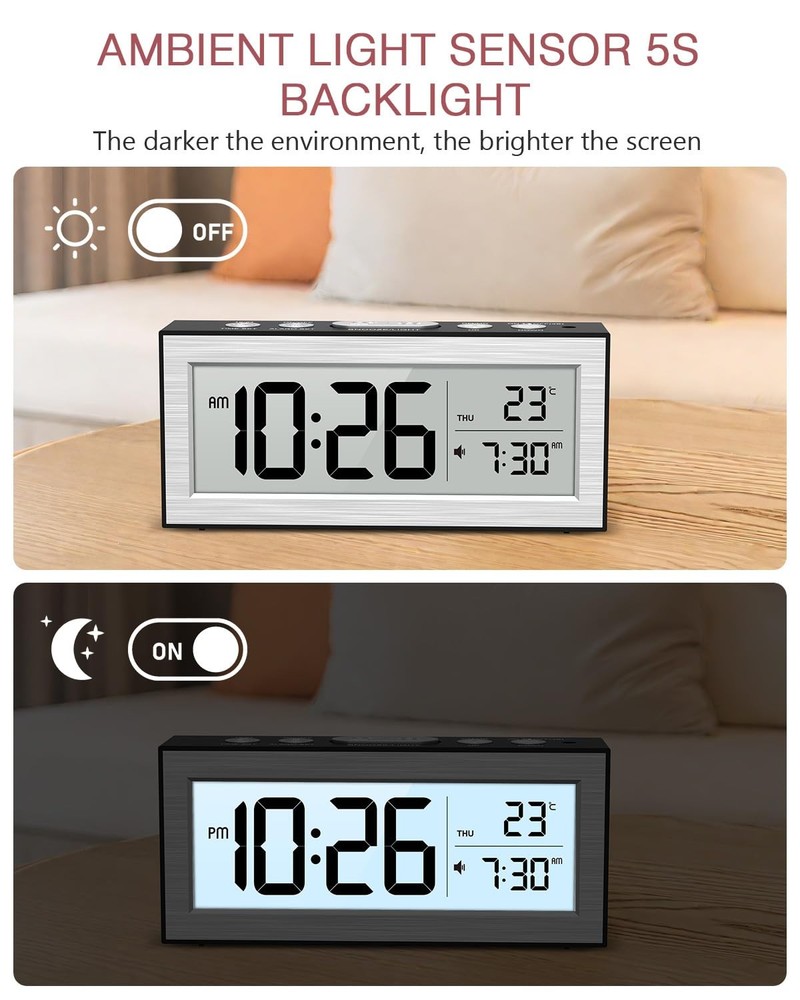 Digital Alarm Clock, Battery Powered LCD Clock with Auto Dimmer, Snooze, Temp...