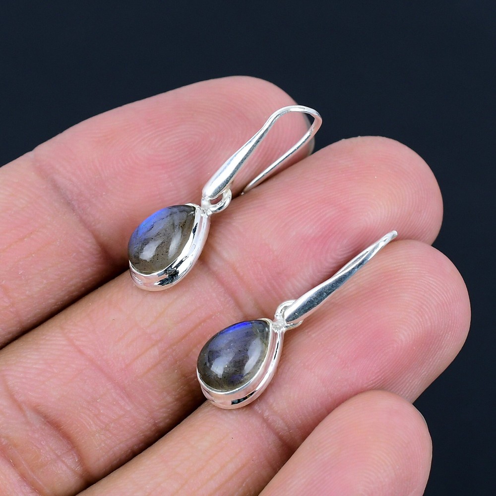 Natural Labradorite Gemstone 925 Sterling Silver Small Tiny Drop Dangle Earrings